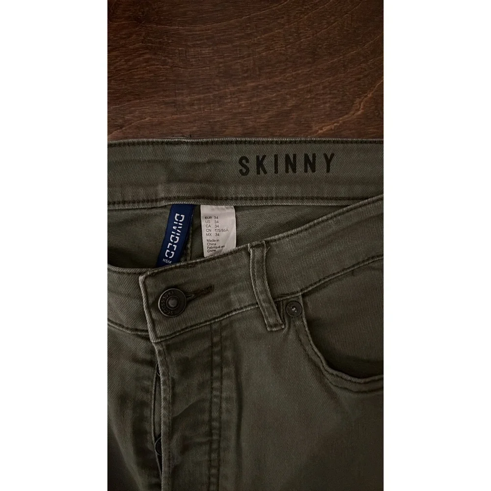 H&M Divided Skinny Moto Jeans Mens 34 Green Distressed Biker Ribbed